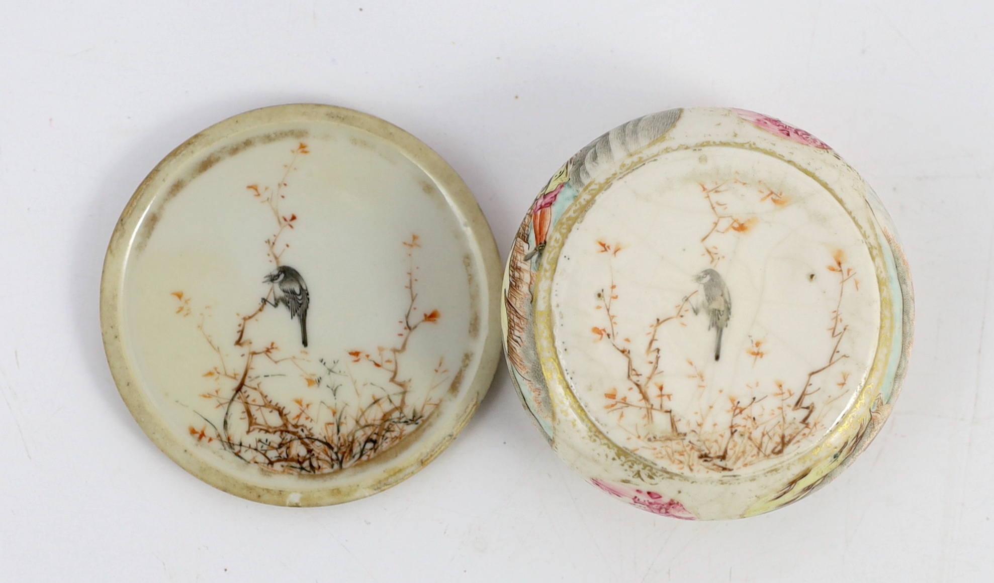 A Chinese famille rose European erotic subject snuff box and cover, Qianlong period, metal mounts lacking, crazed glaze to base